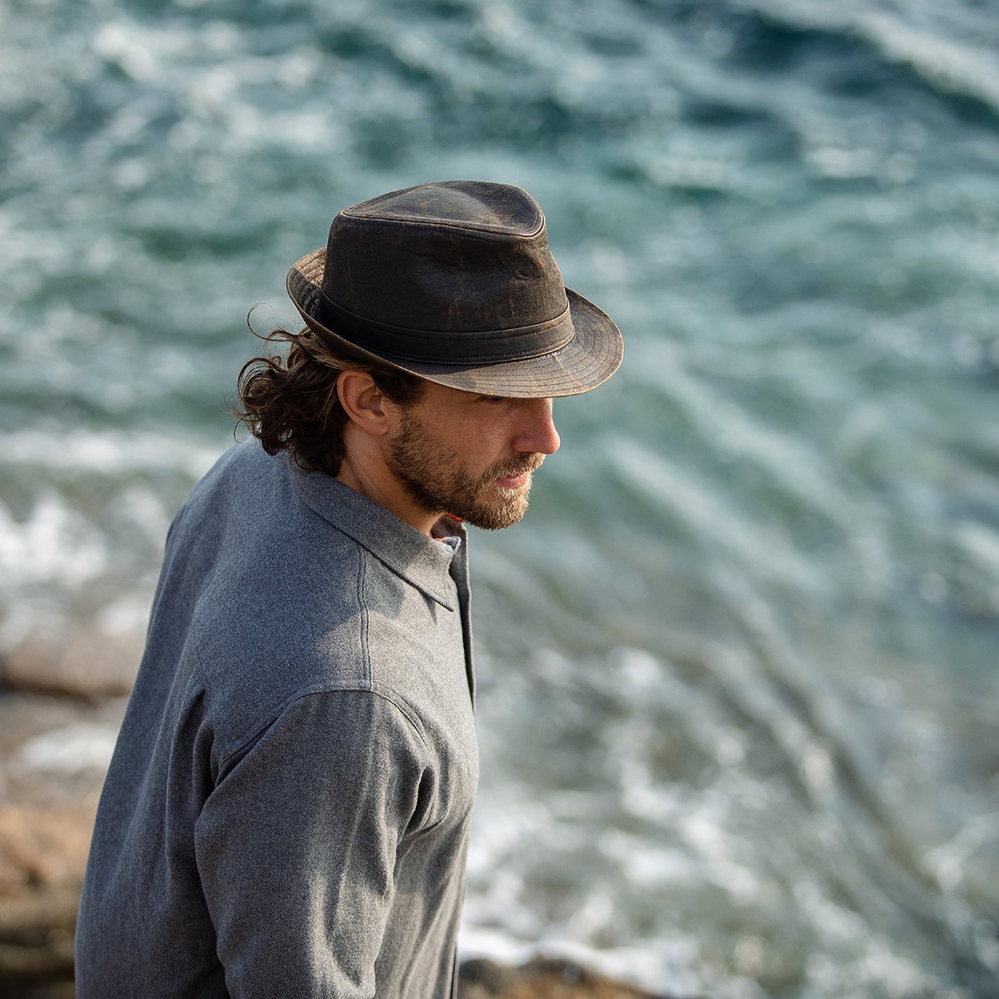 Weathered Cotton Trilby Hat - Brown