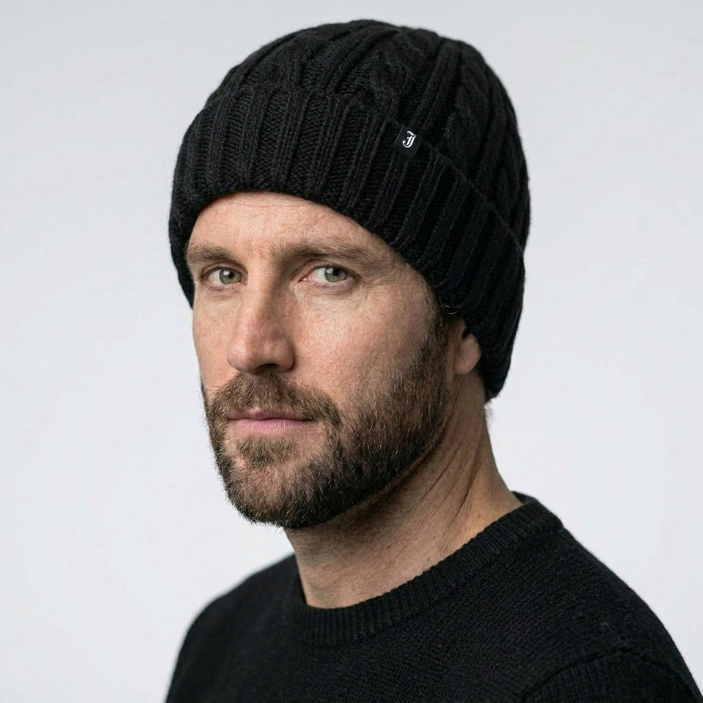 Cable Knit Beanie Hat - Black