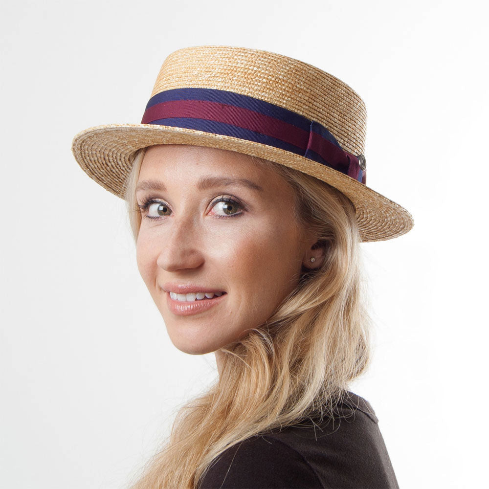 Straw Boater Hat with Striped Band - Natural