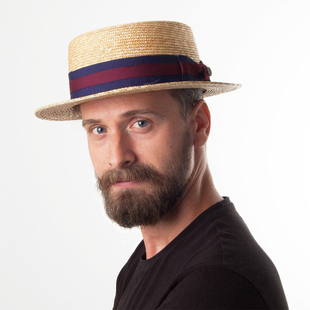 Straw Boater Hat with Striped Band - Natural