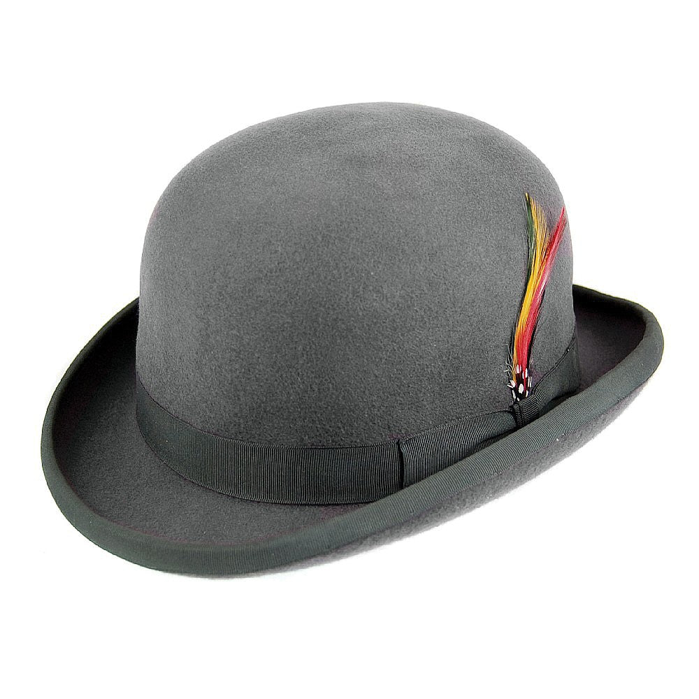 Wool Felt English Bowler Hat with Grey Band - Grey