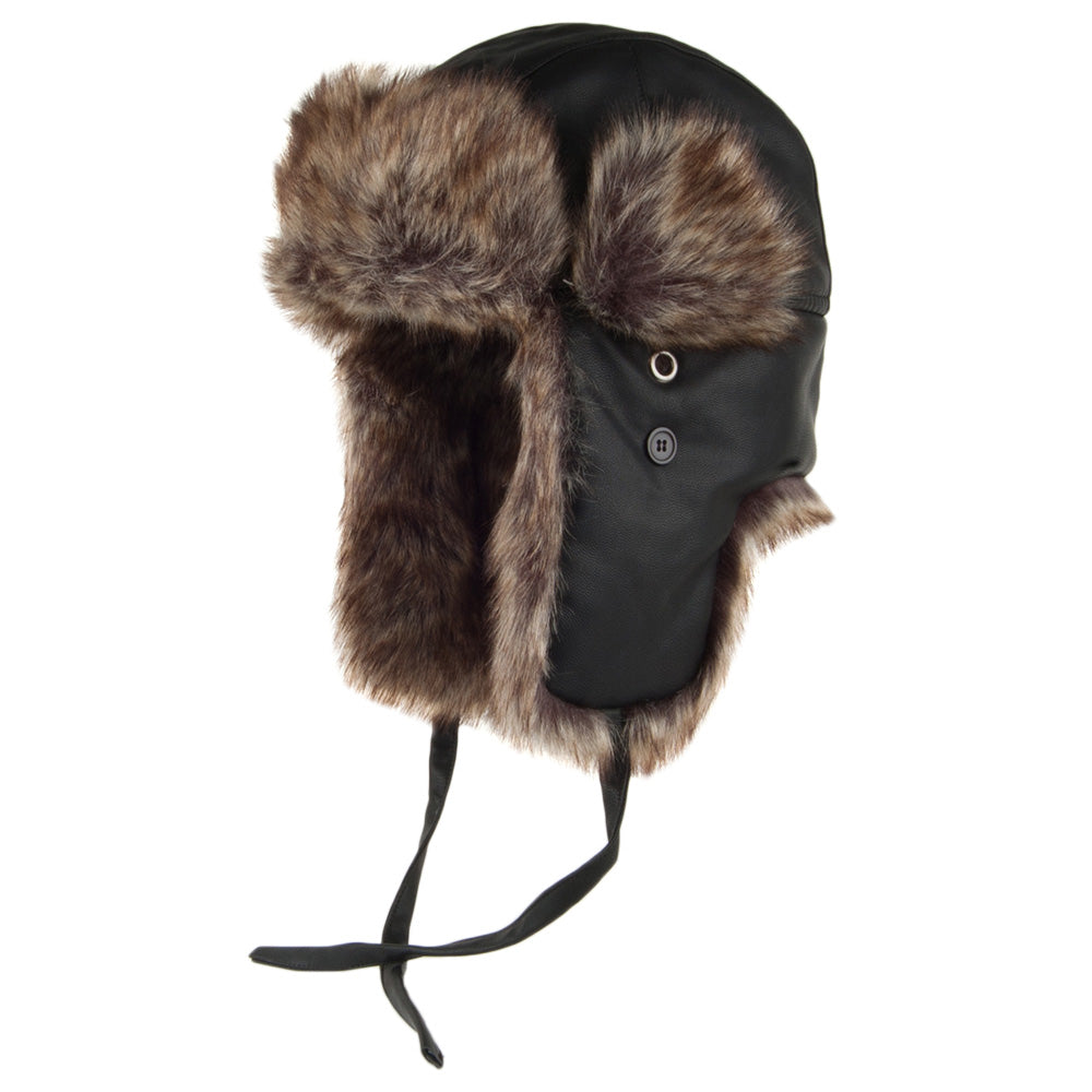 Washed Faux Leather Trapper Hat - Black