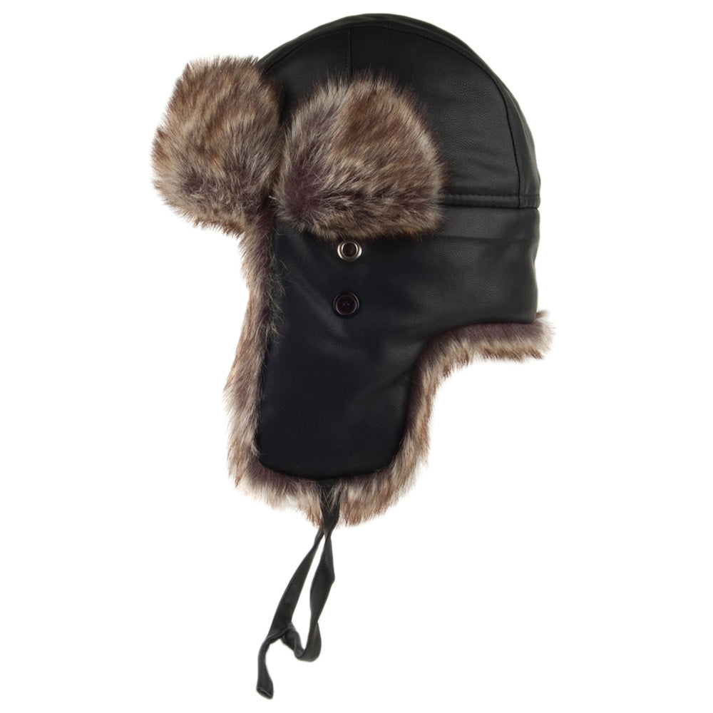 Washed Faux Leather Trapper Hat - Black