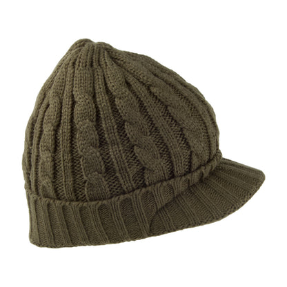 Cable Knit Peaked Beanie Hat - Olive