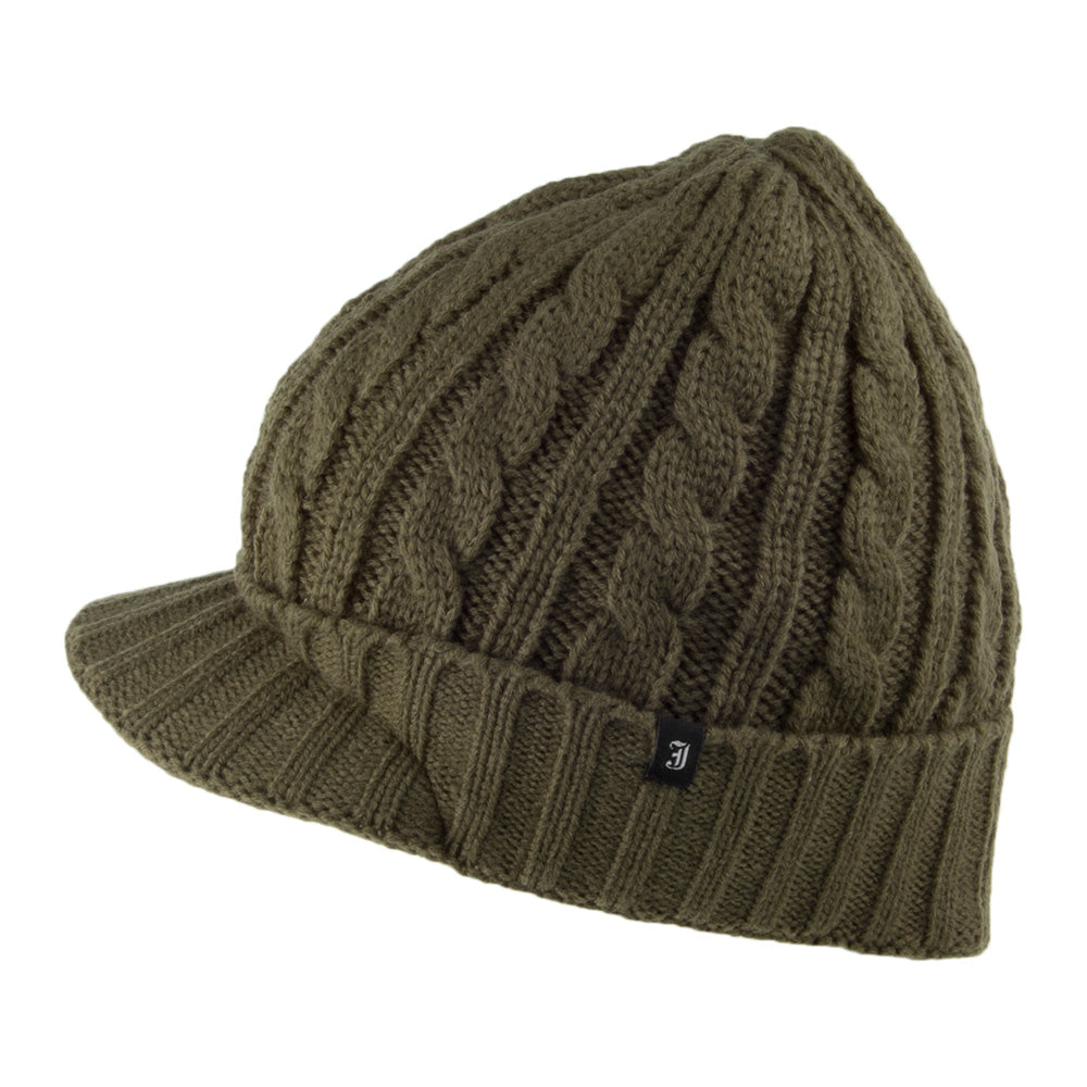 Cable Knit Peaked Beanie Hat - Olive