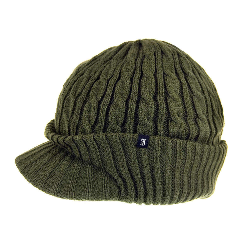 Cable Knit Peaked Beanie - Olive - Wholesale Pack